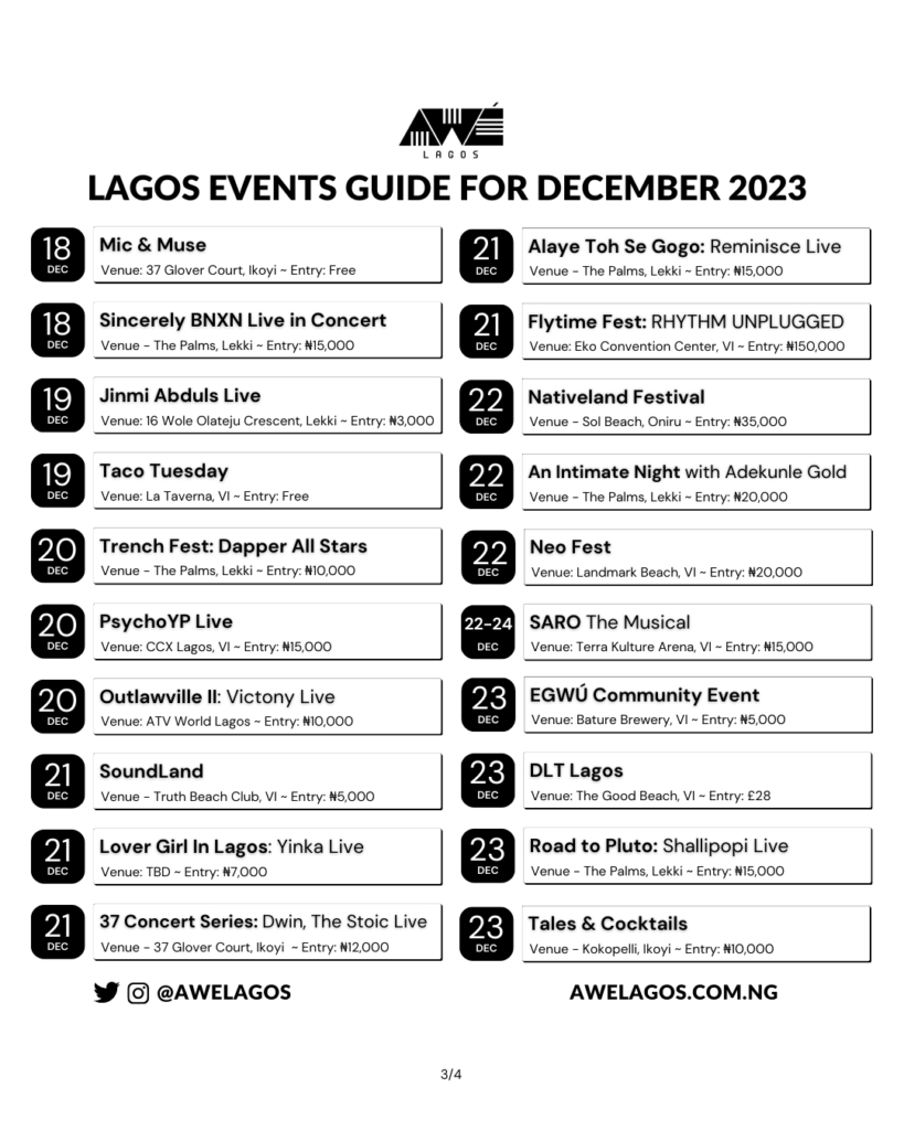 Your guide to the best activities, events and fun stuff happening in Lagos Nigeria throughout December 2023 | Detty December 2023 Celebrate the festive season by exploring and enjoying all the things to do in Lagos, Nigeria